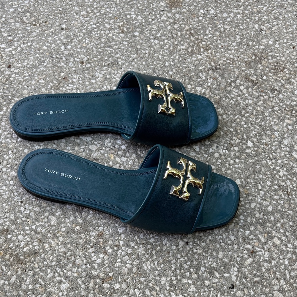 Tory Burch Teal Slide Sandals with Gold Logo Accent